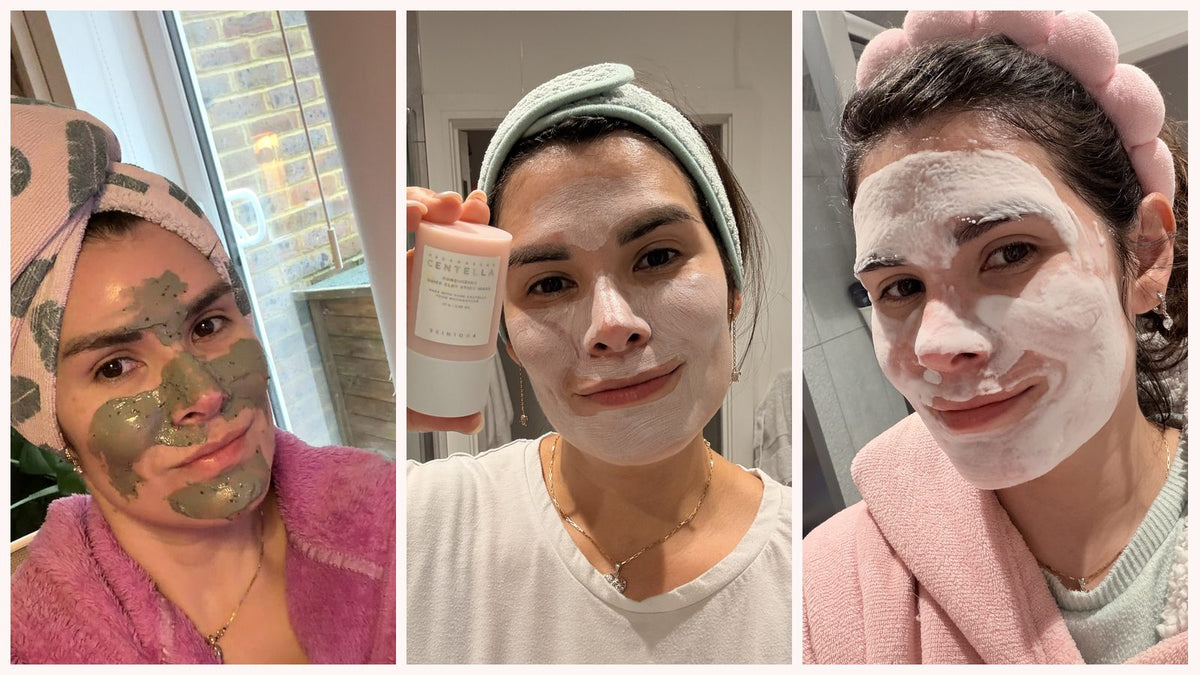Three selfies of Irel wearing different wash-off masks: a green mugwort clay mask, a white clay stick mask and a foaming bubble mask