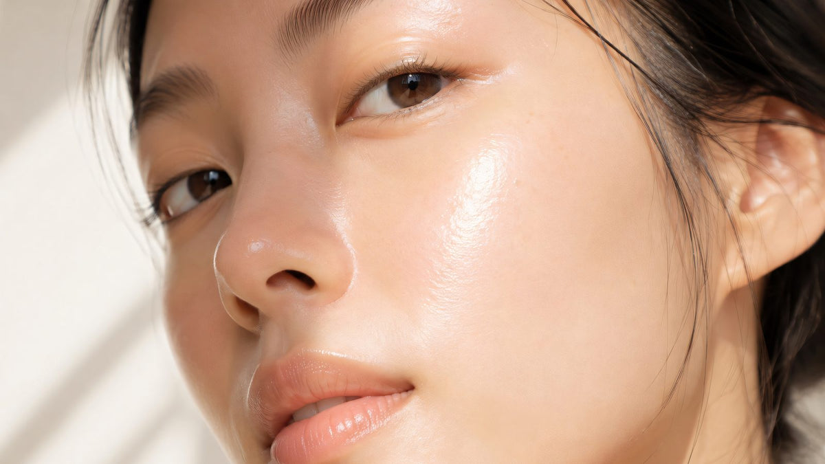 Close-up of a young woman with dewy, glowing skin in soft warm light