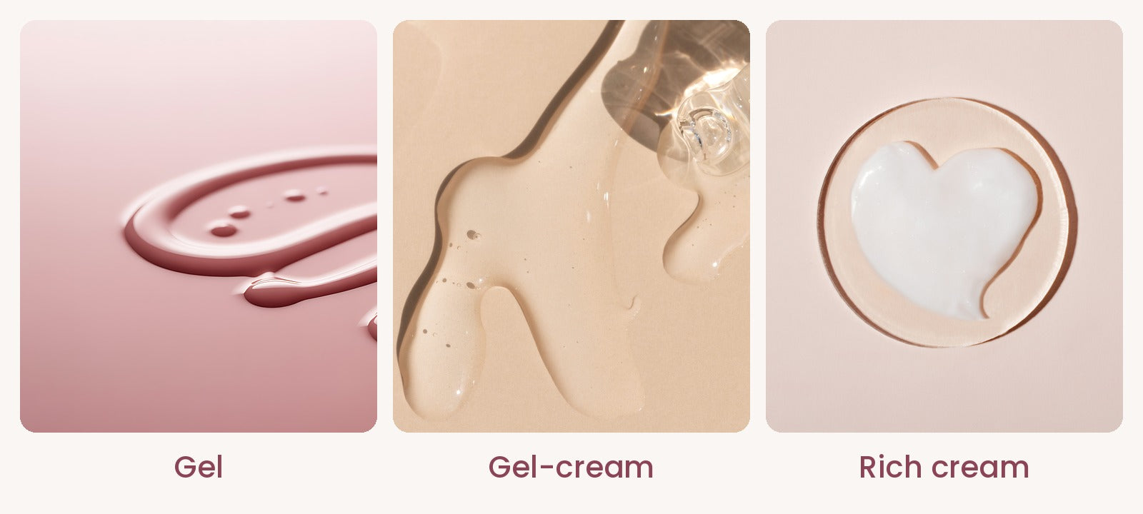Three skincare textures side by side: a pink gel, a nude gel-cream and a rich white cream, labelled gel, gel-cream and rich cream