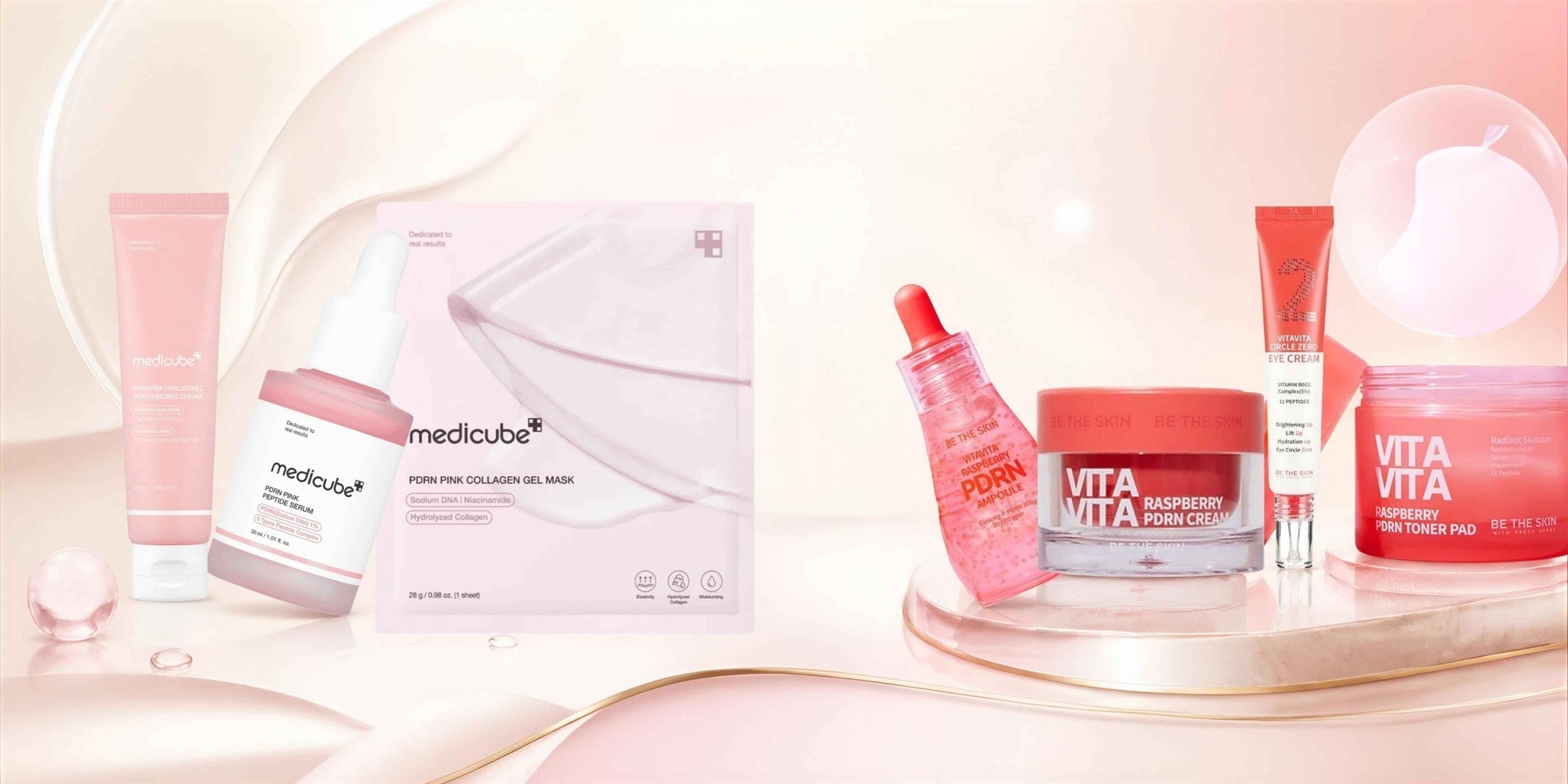 Medicube and Be The Skin PDRN skincare products arranged on a soft pink background
