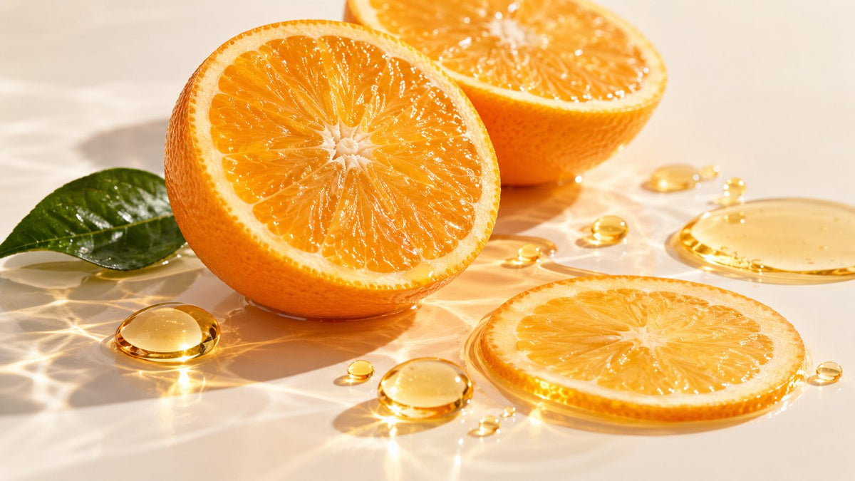 Two orange halves and an orange slice on a pale surface with drops of golden serum in sunlight